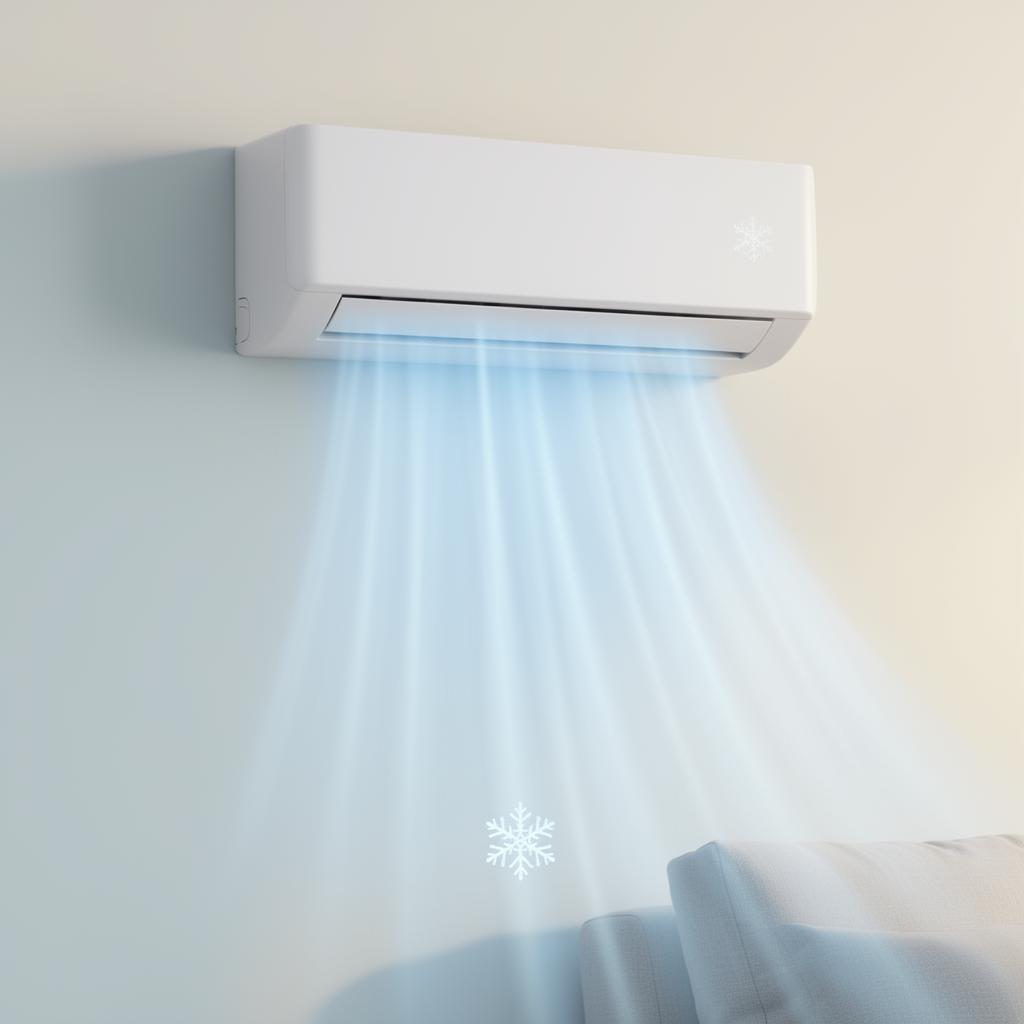 Modern wall-mounted air conditioner blowing cool air