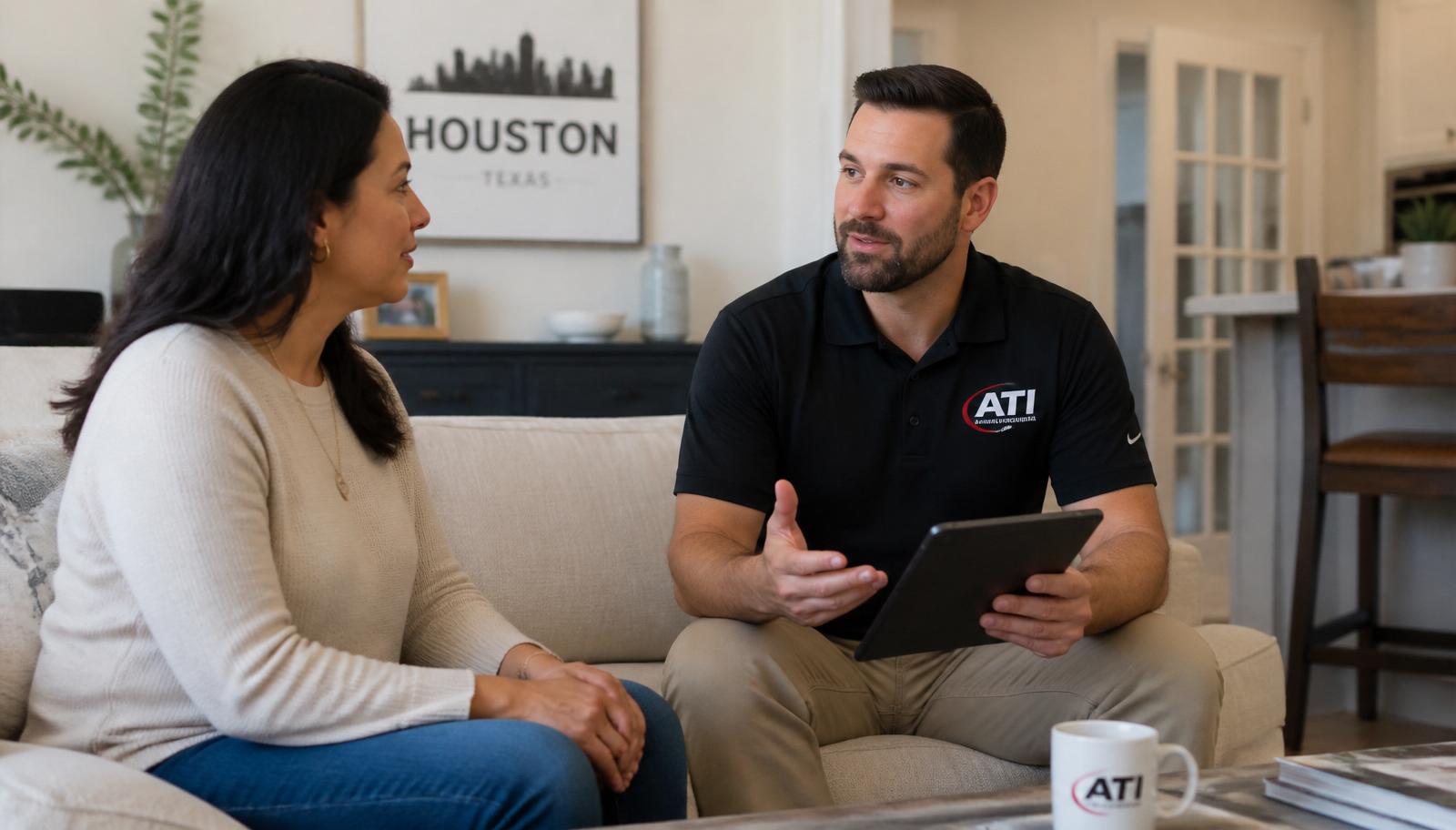 Houston homeowner speaking with a fire and smoke damage restoration professional in a clean living room