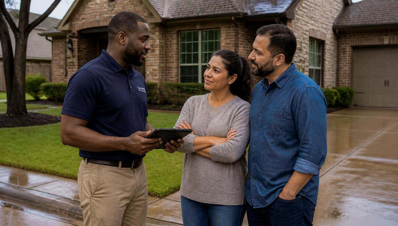 Houston homeowner couple speaking with a home service professional outside a suburban Houston home