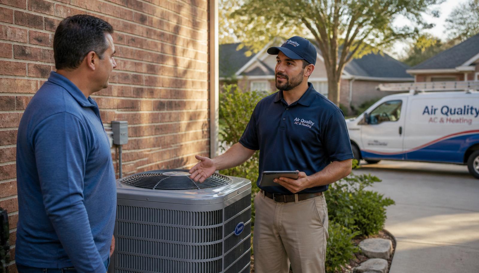 Houston homeowner speaking with an HVAC technician next to an outdoor AC condenser at a suburban Texas home