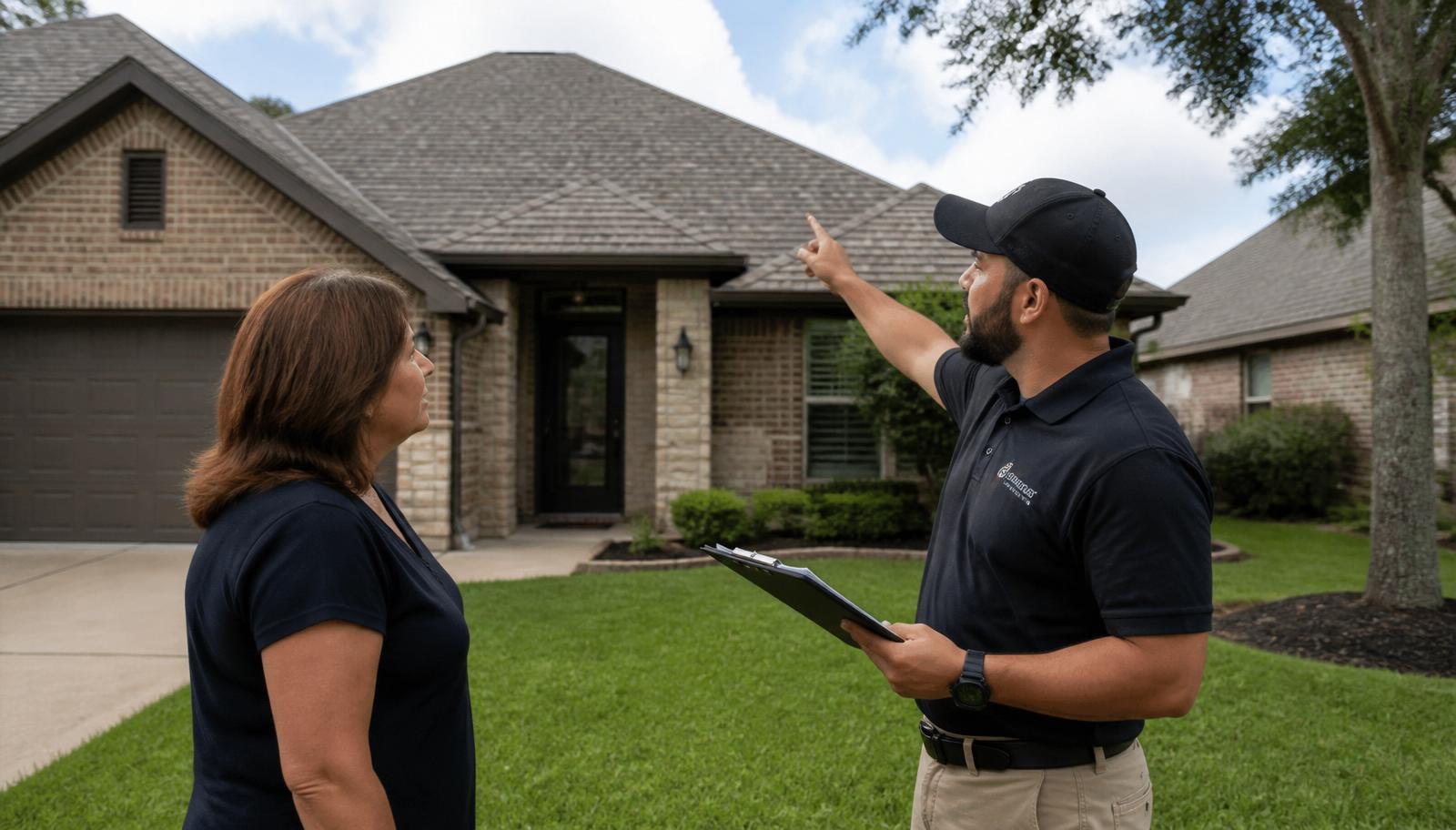 Houston homeowner speaking with a roofing professional from the ground with the roof visible behind them