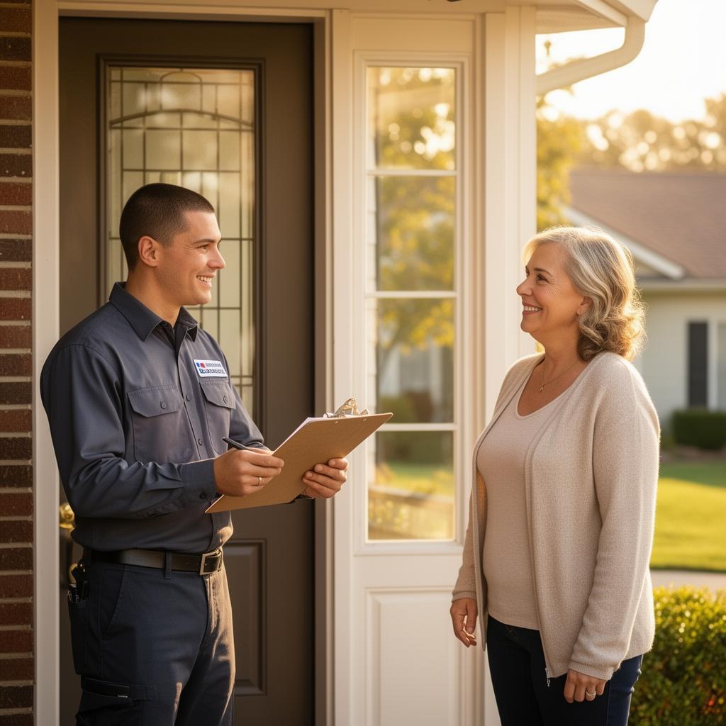A licensed contractor speaking with a homeowner at their front door