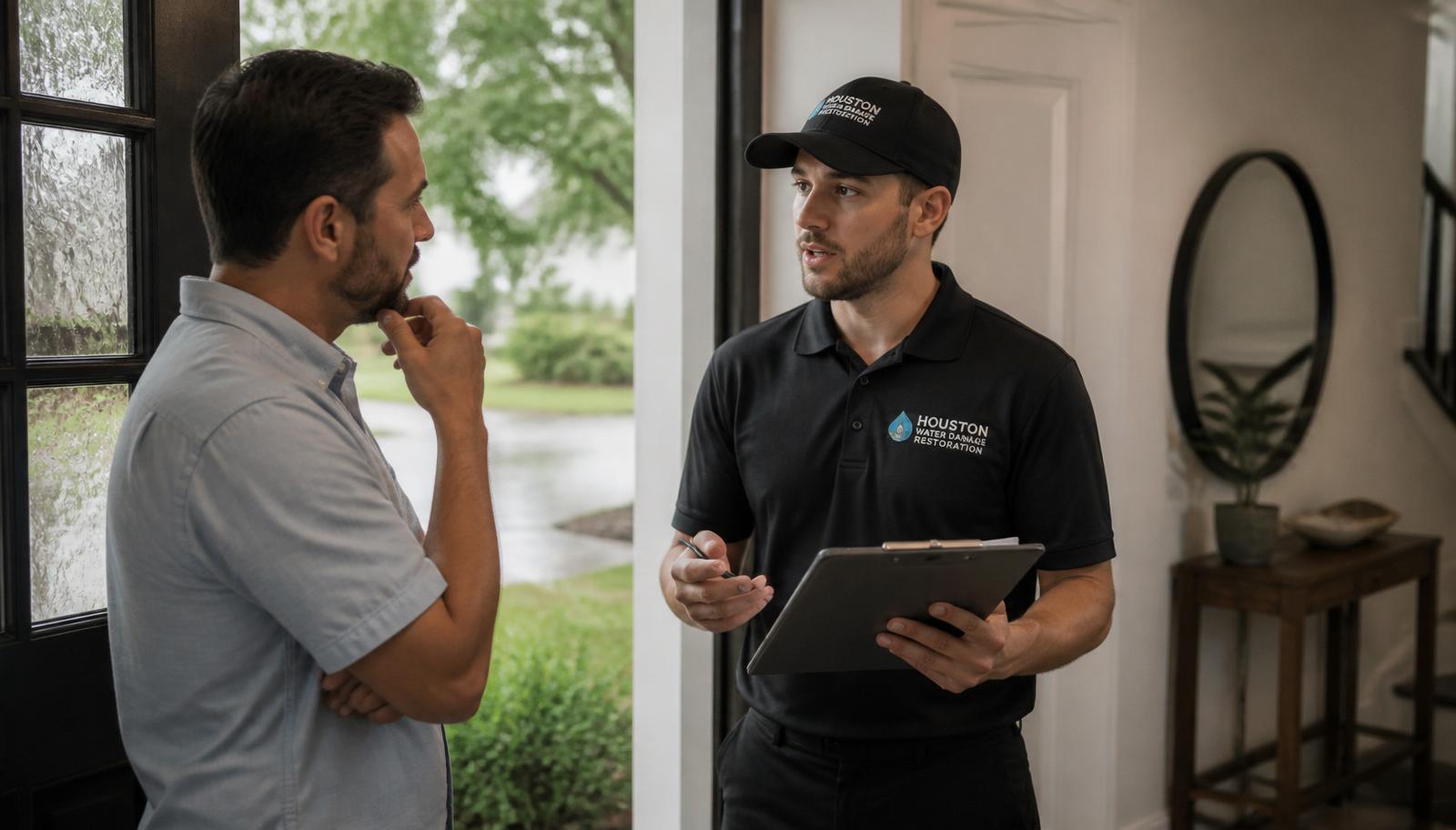 Houston homeowner discussing water damage next steps with a restoration professional at a home entryway